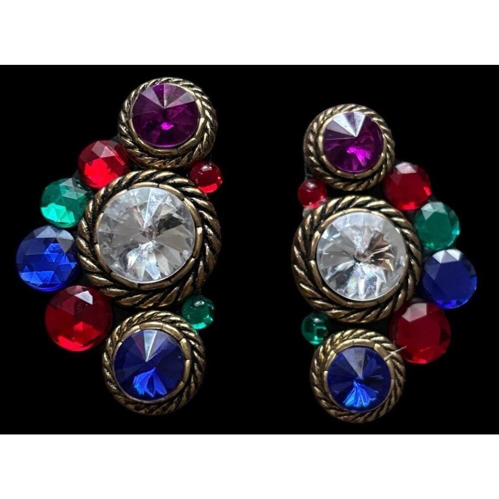 80s Mogul Gripoix Style Gold Tone Chunky Clip-On Earrings Rivioli Rhinestones - Picture 7 of 8